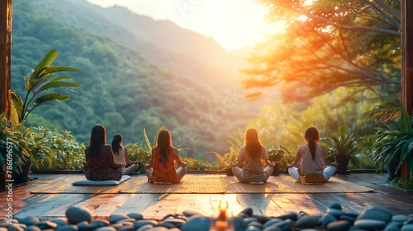 Fototapeta Wellness retreat setting, with people engaging in yoga, meditation and healthy dining options. Promoting holistic well-being and self-care in tranquil environment with mountains