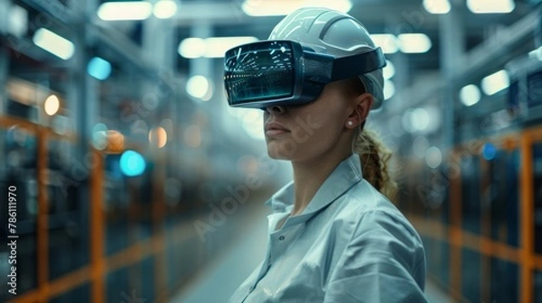 Fototapeta Factory workers with screen mirrors inspect the factory