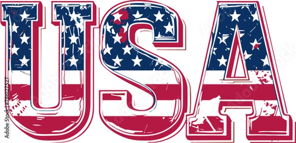 Fototapeta USA flag grunge text, American flag in letters, isolated on white background, vector illustration.