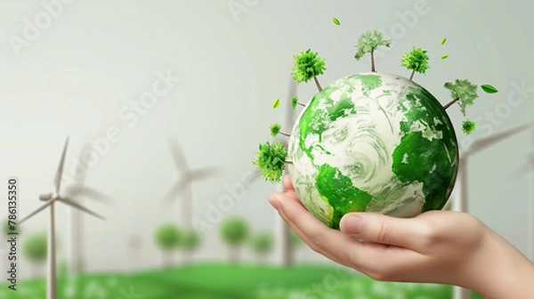 Fototapeta Gentle Hand Nurturing a Greener Earth Amidst Windmills, fingers delicately interact with tiny trees