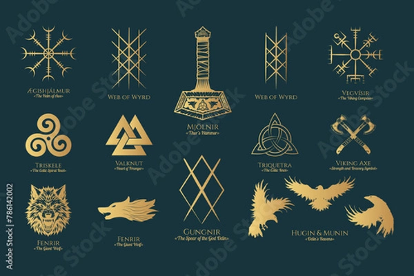 Obraz Viking symbols isolated set. Golden collection of scandinavian pagan norse sign vegvisir, fenrir, Thor's Hammer, etc. Magic warrior vector illustration for t-shirt design, print, cards and stickers. 