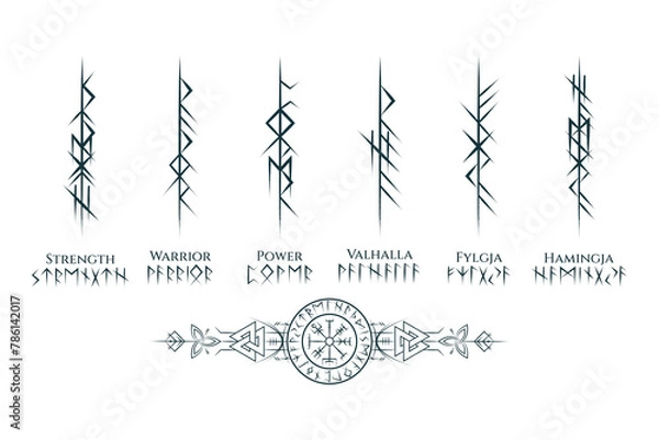 Obraz Viking runes and symbols collection. Hand drawn isolated set of pagan norse sign vegvisir, valknut, triquetra, runic circle. Gothic vector illustration for tattoo, print and web design