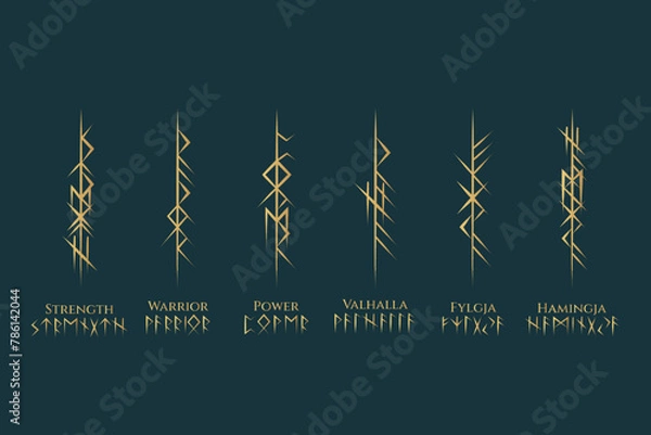 Obraz Viking runes golden collection. Hand drawn isolated set. Scandinavian vector illustration of Bindrunes.