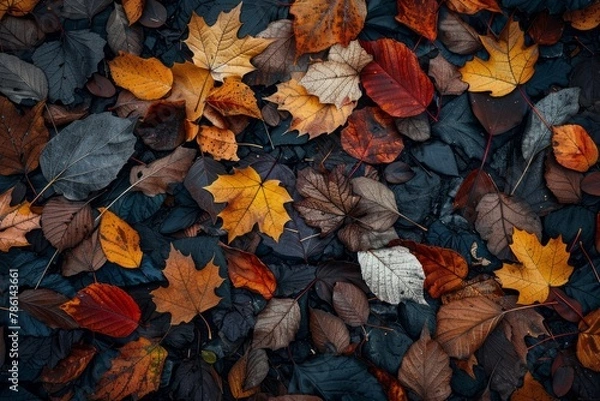 Fototapeta Vibrant Fall Leaves Mixture on Dark Background