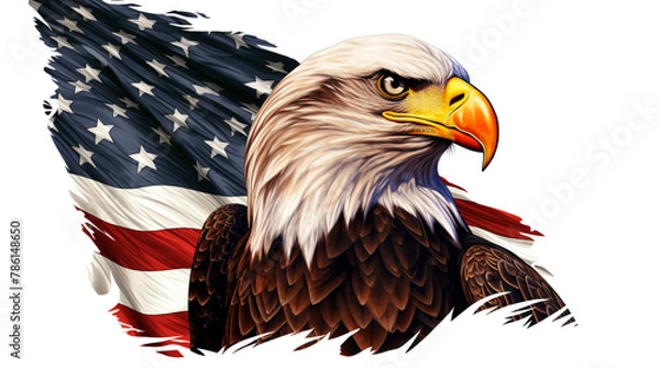 Fototapeta Bald eagle with American Flag, on white background.