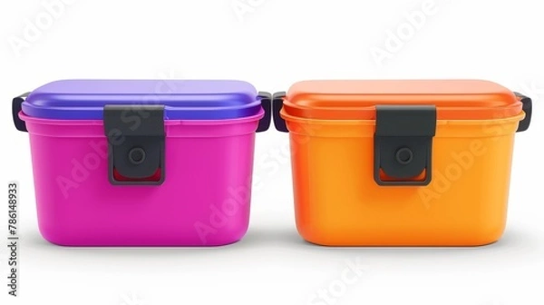 Fototapeta Various plastic food containers featuring clipping paths and latch locks. Storage for frozen products, closed lunchbox for meal, isolated packages view front and angle, 3D modern mockup.