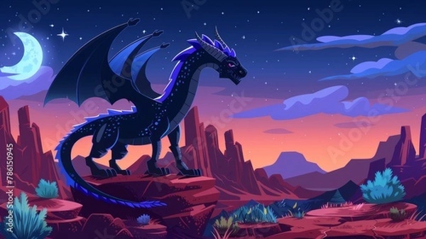 Fototapeta Imaginative fantasy illustration of a spooky magic beast with wings and a red desert landscape at night with rocks.