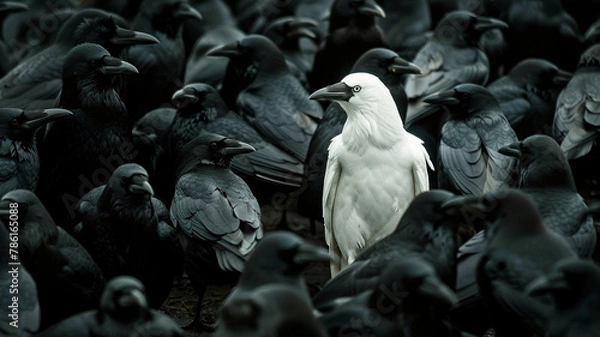 Fototapeta A white crow stands out in the middle of a crowd with black crow. - The concept shows individuality and different thinking.