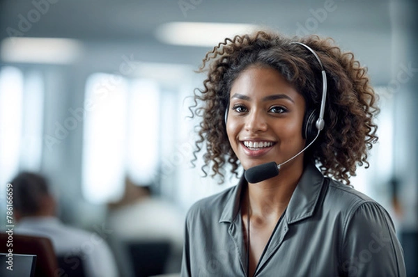 Obraz Smiling American customer service representative working with a headset in the office. Call center agent with headset making a video call. Black woman telemarketing agent works in a call center. AI.
