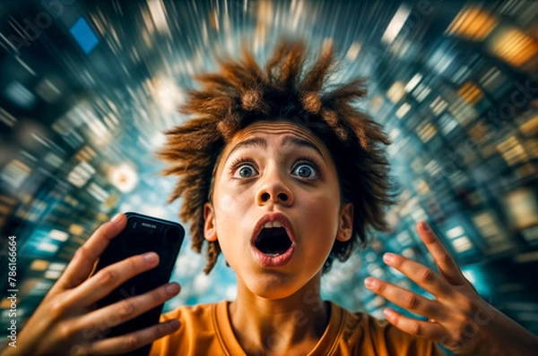 Obraz The boy is stunned, a stream of information flies around him. Education, information data, too much media, information, maximalism, news, teenagers’ addiction to social networks.