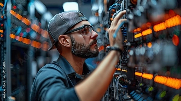 Fototapeta network engineer configuring network switches in a data center