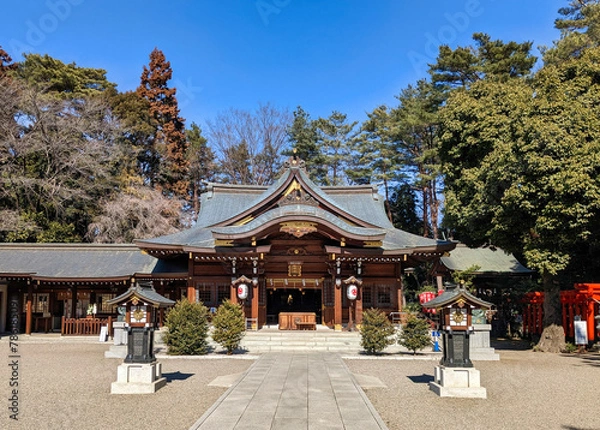Obraz 青空に映える神社の拝殿　進雄神社　高崎市