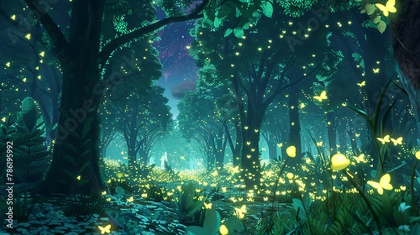 Fototapeta Whimsical Forest Scene with Glowing Fireflies and Giant Trees in 3D