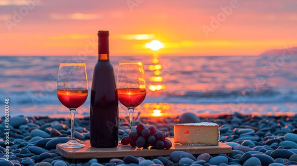 Fototapeta Beach Sunset Wine and Cheese Picnic.