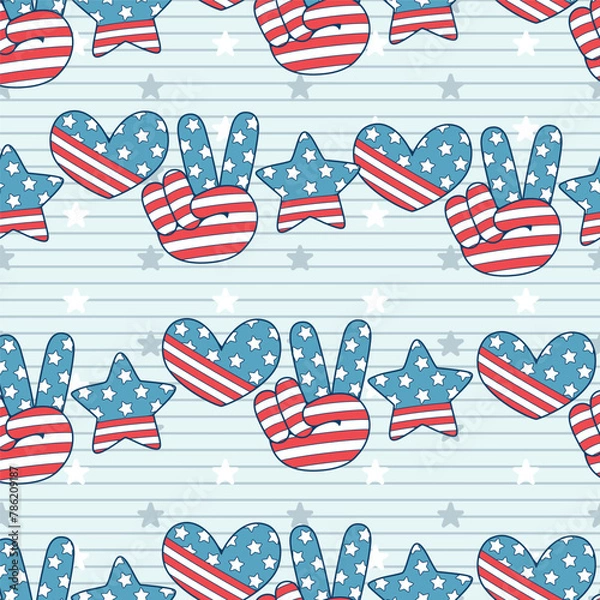 Fototapeta Seamless pattern of American flags USA peace finger hand cartoon. This illustration has an American Independence Day theme. Pattern for fabric and wrapping paper, design wallpaper and fashion prints.