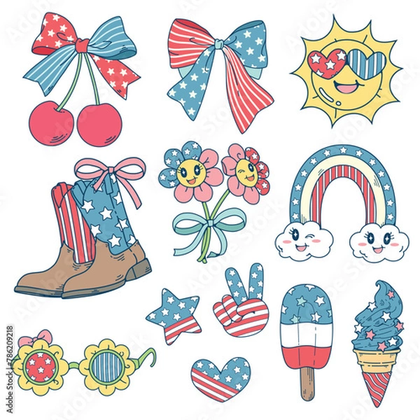 Fototapeta Cartoon illustration of 4th of July clip art, Retro groovy Independence day. Use this cartoon file for such as designs on t-shirts, carg, stickers and many others.