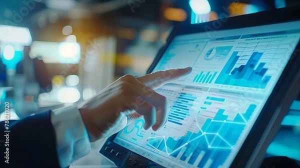 Fototapeta Business professionals analyze financial graphs on a futuristic touch screen, integrating technology solutions for business development