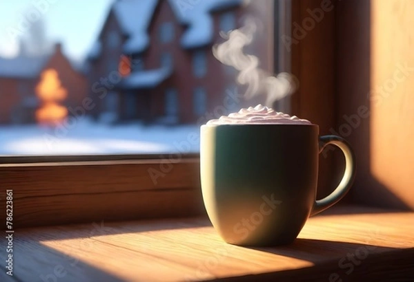 Obraz A Steaming Mug Of Hot Cocoa On A Cozy Cafe Table