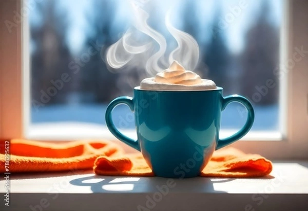 Obraz A Steaming Mug Of Hot Cocoa On A Cozy Cafe Table