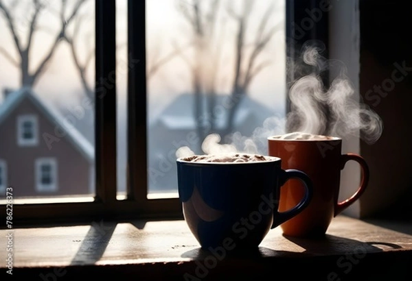 Obraz A Steaming Mug Of Hot Cocoa On A Cozy Cafe Table