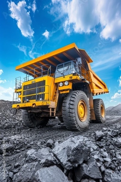 Fototapeta Big yellow anthracite coal mining truck in open pit mine industry for efficient extraction