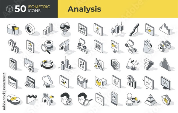 Obraz Business and data analysis. Isometric linear icons: analysis to infographics, analytics, and statistics. Collection includes charts, graphs, metrics, and more. Vector illustration