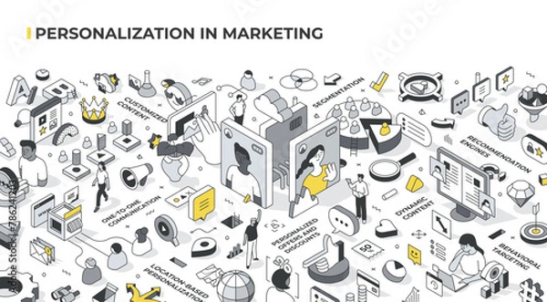 Obraz Personalization in marketing isometric illustration. Delivering tailored experiences to customer. Includes concepts: customized content, behavioral targeting, segmentation, customer analysis and more