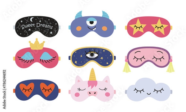 Fototapeta Funny sleep eye masks set. Healthy sleeping, travel and recreation. Night accessories isolated vector illustrations on white background