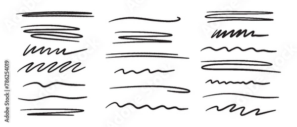 Fototapeta Marker scribble elements collection. Hand drawn strokes, underlines, wave brush marks.Vector set isolated on white background.