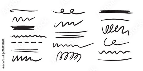 Fototapeta Marker scribble elements collection. Hand drawn strokes, underlines, wave brush marks.Vector set isolated on white background.