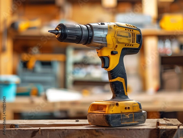 Fototapeta A cordless yellow and black power drill stands on a wooden surface in a workshop.