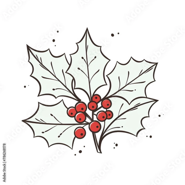 Fototapeta thick line art xmas holly, white background сreated with Generative Ai