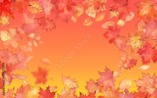 Fototapeta Rectangle fall frame with leaves. Autumn falling maple leaves with bright copy space. Abstract red background