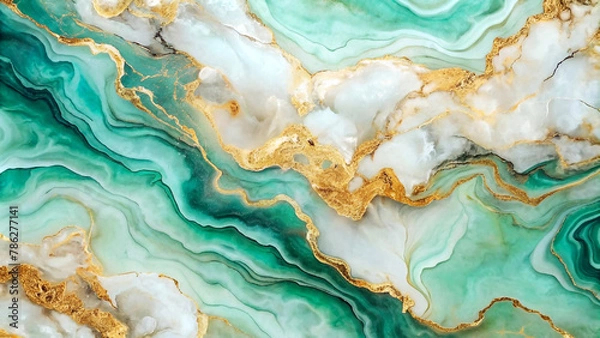 Obraz A green and white marble background with gold accents
