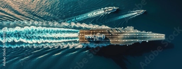 Fototapeta Aerial view of an aircraft carrier and three trawlers on the open sea