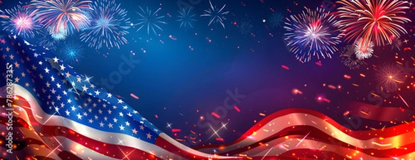 Fototapeta Happy Independence Day banner design featuring USA flag and fireworks background. Suitable for 4th of July celebrations and patriotic events.