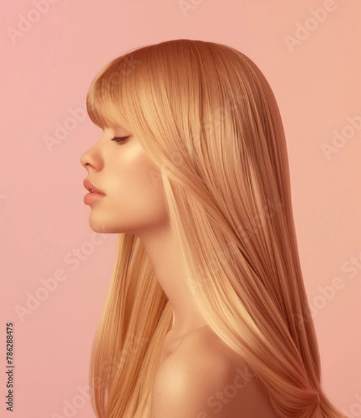 Obraz A model with long blonde styled hair on a peach background, side profile