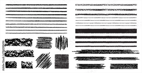 Fototapeta Textured stripes, scribbles, lines collection. Chalk, charcoal, black crayon, pastel hand drawn artistic graphic elements, grungy shapes set. Brush rough strokes, streaks, rectangle text backgrounds.