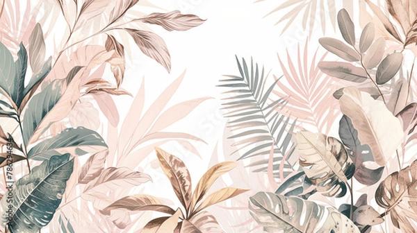 Fototapeta Abstract background with tropical trees and leaves of palm, monstera in soft pastel colors