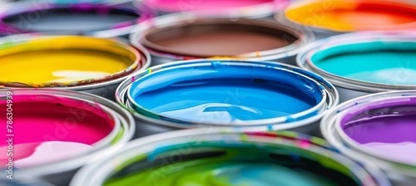 Fototapeta Assortment of open paint cans displaying various colors on a lively and vibrant background