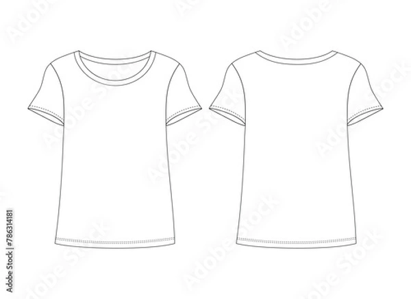 Obraz Girls Basic Half Sleeve Top Front & Back Technical Flat Sketches, Front & Back, Silhouette, Mockup, Outline, Drawing Template,