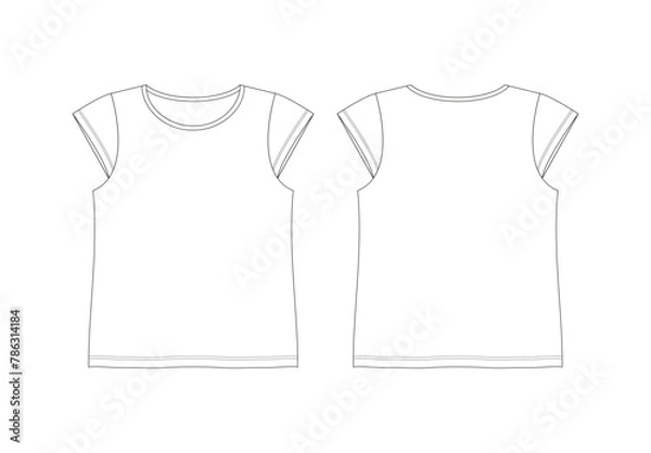 Obraz GIRLS RN CUT SLEEVE TOP FRONT & BACK.- Technical Flat Sketches, Front & Back, Silhouette, Mockup, Outline, Drawing Template,