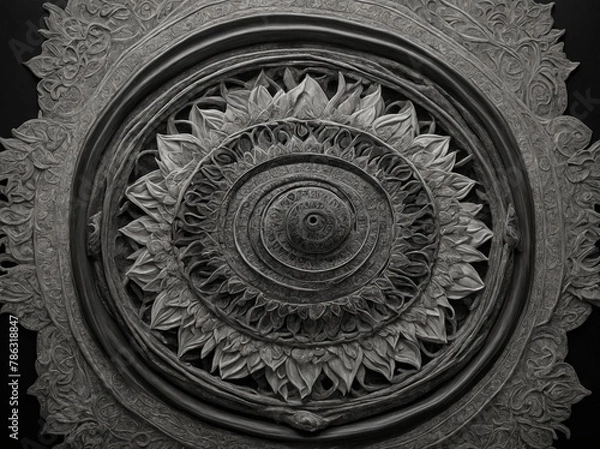 Fototapeta Meticulously carved circular stone relief captures viewers attention. Central motif detailed floral pattern surrounded by concentric circles filled with elaborate carvings that radiate outward.