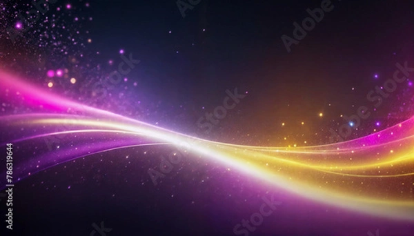 Fototapeta yellow-violet stream, beam, flash of light with sparkles, wave against a black background
