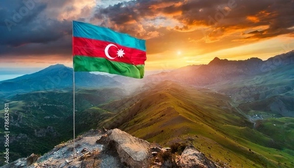 Fototapeta The Flag of Azerbaijan On The Mountain.