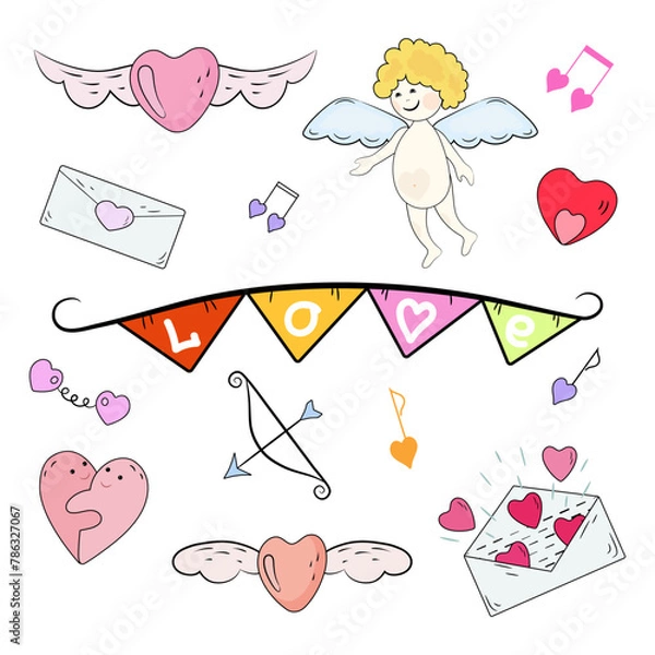 Obraz Love set. Cartoon illustrations with heart elements