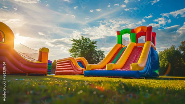 Obraz Picture a vibrant, colorful inflatable bounce house water slide set up in a backyard, ready to offer endless fun for children. The bouncy castle slide, with its bright colors and playful design
