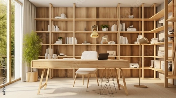 Fototapeta This photorealistic rendering presents a home office that merges functionality with creativity, designed as a virtual background with a 3D spatial feeling