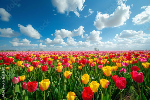 Obraz Blooming tulip fields in the Netherlands for Springtime, illustration