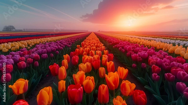 Obraz Blooming tulip fields in the Netherlands for Springtime, illustration